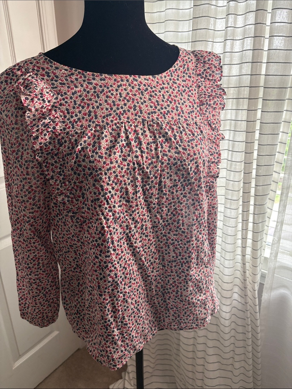 J. Crew Floral Ruffle-Yoke Blouse in Pink and Blue